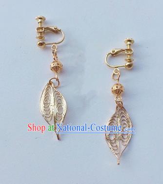 Handmade Chinese Classical Golden Leaf Ear Accessories Ancient Princess Hanfu Earrings for Women