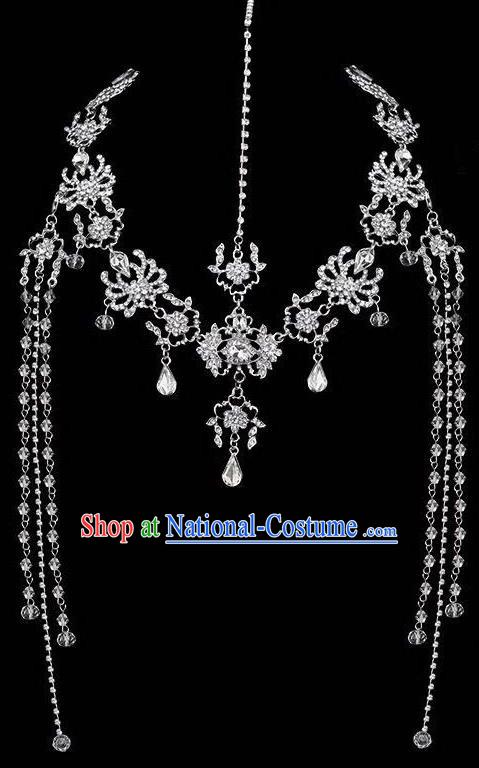 Traditional Chinese Handmade Crystal Hair Clasp Tang Dynasty Hanfu Tassel Frontlet Ancient Imperial Consort Hair Accessories for Women