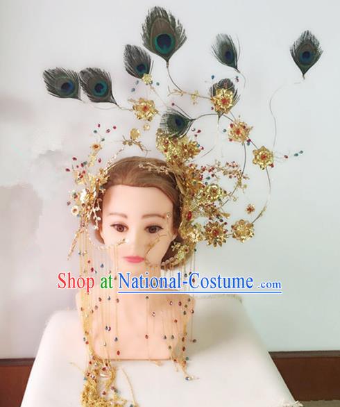 Traditional Chinese Handmade Hanfu Peacock Feather Phoenix Coronet Hairpins Ancient Tang Dynasty Imperial Consort Hair Accessories for Women