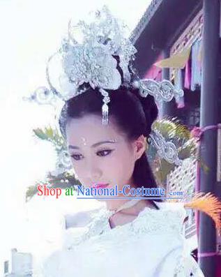 Handmade Chinese White Phoenix Coronet Traditional Hanfu Hairpins Ancient Ming Dynasty Princess Hair Accessories for Women