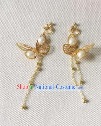 Handmade Chinese Classical Golden Butterfly Pearls Ear Accessories Ancient Princess Hanfu Earrings for Women