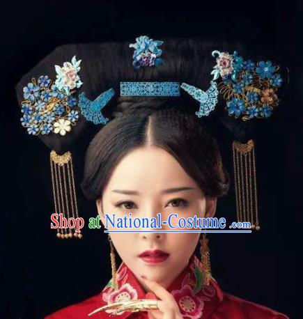 Handmade Chinese Manchu Phoenix Coronet Traditional Hanfu Hairpins Ancient Qing Dynasty Queen Hair Accessories for Women