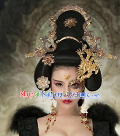 Chinese Handmade Hanfu Palace Lady Golden Phoenix Coronet Mask Hairpins Traditional Ancient Imperial Consort Hair Accessories for Women