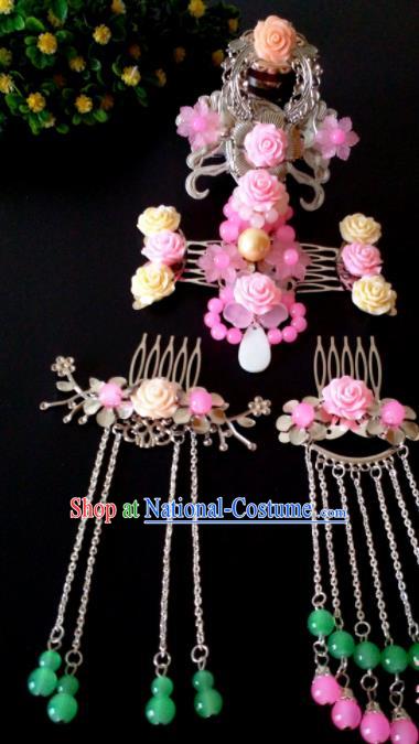 Chinese Handmade Hanfu Palace Hairpins Pink Flowers Phoenix Coronet Traditional Ancient Princess Hair Accessories for Women