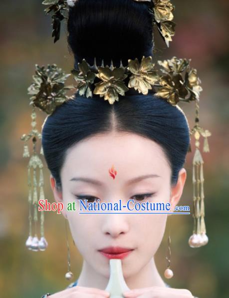 Chinese Handmade Hanfu Tang Dynasty Hair Crown Royal Lady Golden Hairpins Traditional Ancient Imperial Consort Hair Accessories for Women