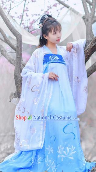 Chinese Ancient Peri Goddess Embroidered Hanfu Dress Traditional Tang Dynasty Historical Costume for Women