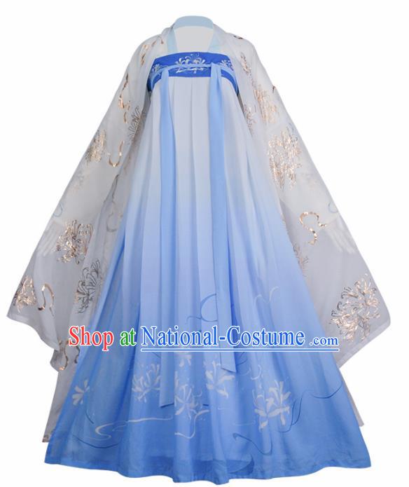 Chinese Ancient Peri Goddess Embroidered Hanfu Dress Traditional Tang Dynasty Historical Costume for Women