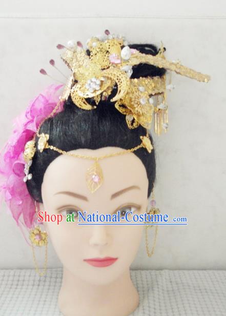 Handmade Chinese Tang Dynasty Hairpins Golden Hair Crown Ancient Traditional Hanfu Hair Accessories for Women