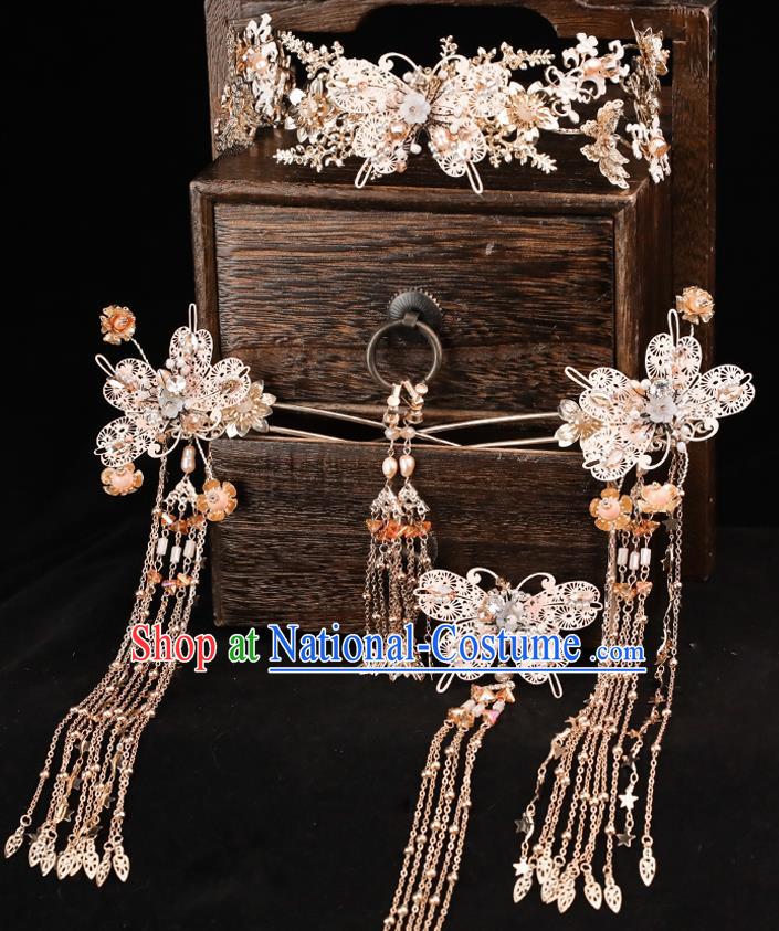 Handmade Chinese Wedding Hair Crown Butterfly Tassel Hairpins Ancient Traditional Hanfu Hair Accessories for Women