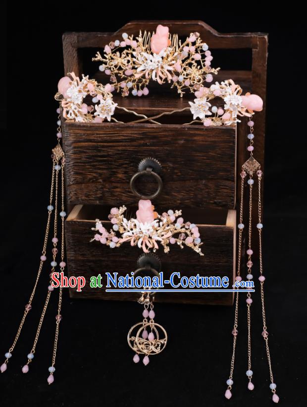 Handmade Chinese Wedding Pink Stone Hair Comb Tassel Hairpins Ancient Traditional Hanfu Hair Accessories for Women