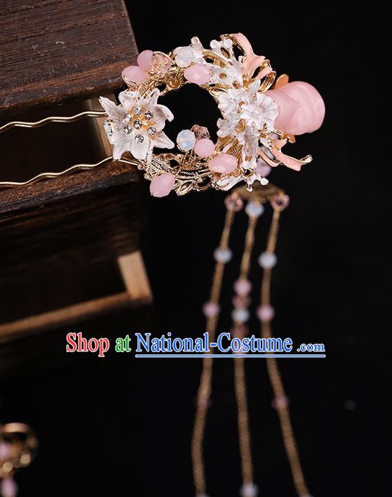 Handmade Chinese Wedding Pink Stone Hair Comb Tassel Hairpins Ancient Traditional Hanfu Hair Accessories for Women