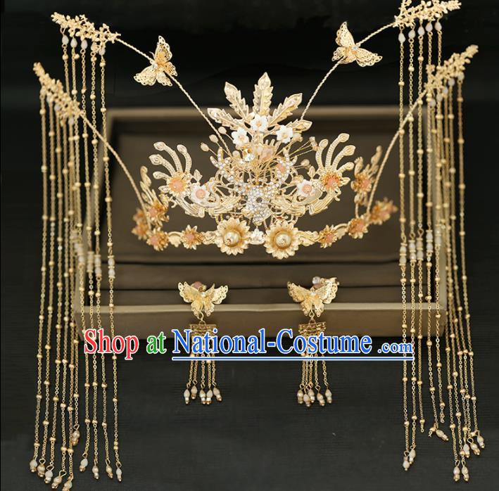 Handmade Chinese Ancient Wedding Tassel Phoenix Coronet Hairpins Traditional Bride Hanfu Hair Accessories for Women