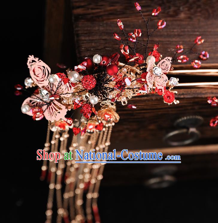 Handmade Chinese Wedding Pink Butterfly Hair Comb Tassel Hairpins Ancient Traditional Hanfu Hair Accessories for Women