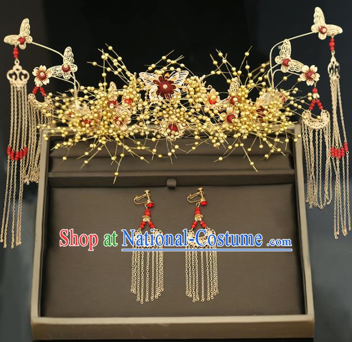 Handmade Chinese Ancient Wedding Golden Tassel Phoenix Coronet Hairpins Traditional Bride Hanfu Hair Accessories for Women