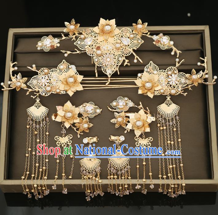 Handmade Chinese Ancient Wedding Golden Flowers Hair Comb Hairpins Traditional Bride Hanfu Hair Accessories for Women