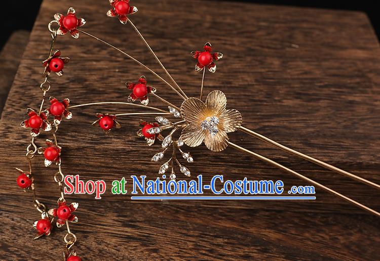 Handmade Chinese Wedding Red Beads Tassel Hairpins Ancient Traditional Hanfu Hair Accessories for Women