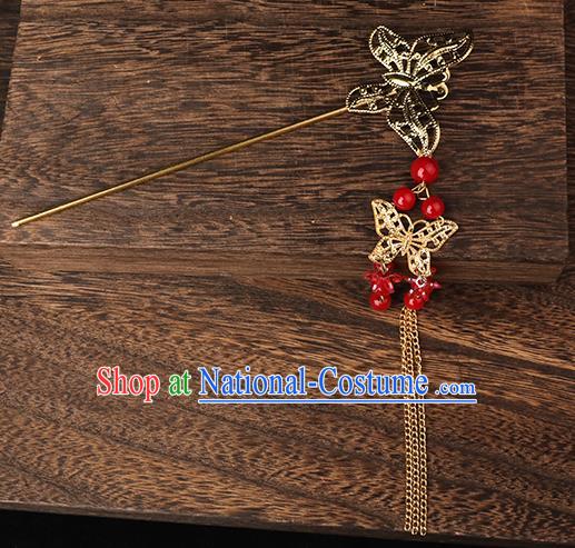 Handmade Chinese Wedding Golden Butterfly Tassel Hairpins Ancient Traditional Hanfu Hair Accessories for Women