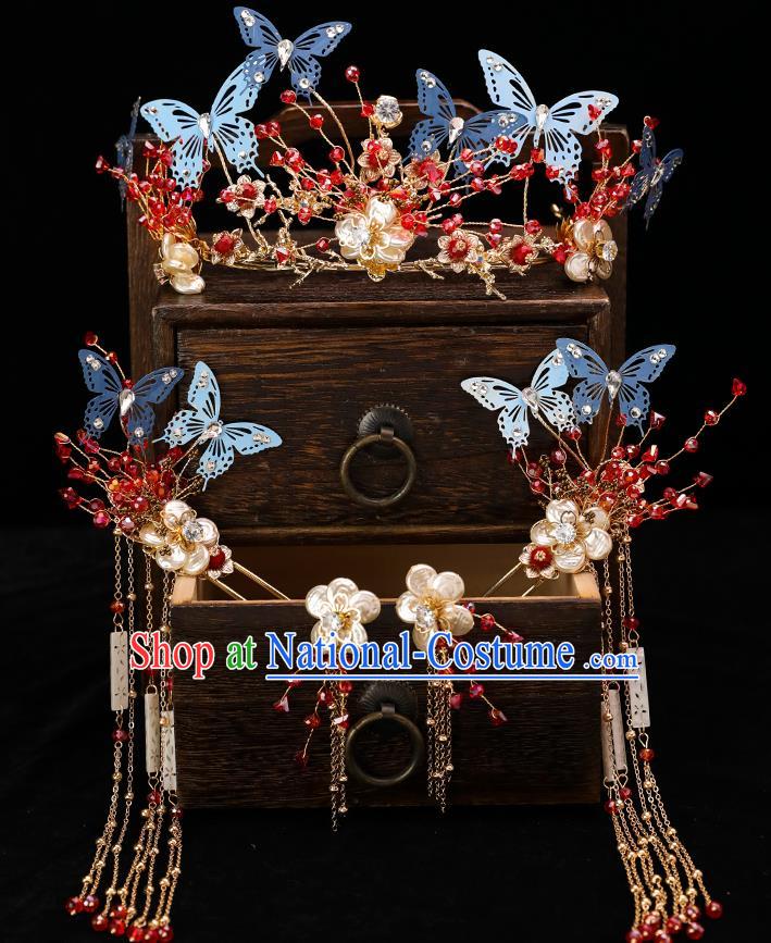 Handmade Chinese Wedding Tassel Blue Butterfly Hair Crown Hairpins Ancient Traditional Hanfu Hair Accessories for Women