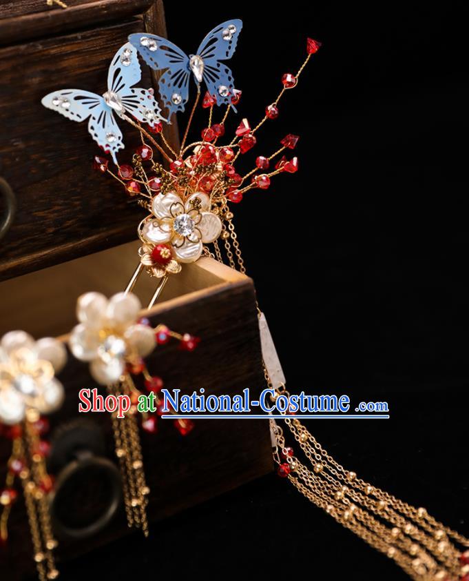 Handmade Chinese Wedding Tassel Blue Butterfly Hair Crown Hairpins Ancient Traditional Hanfu Hair Accessories for Women