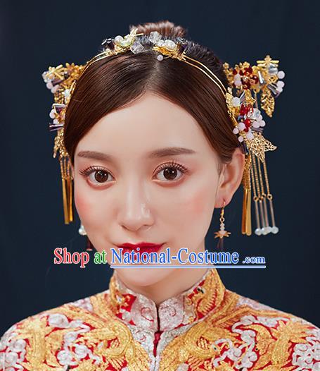 Handmade Chinese Wedding Tassel Golden Hair Clasp Hairpins Ancient Traditional Hanfu Hair Accessories for Women