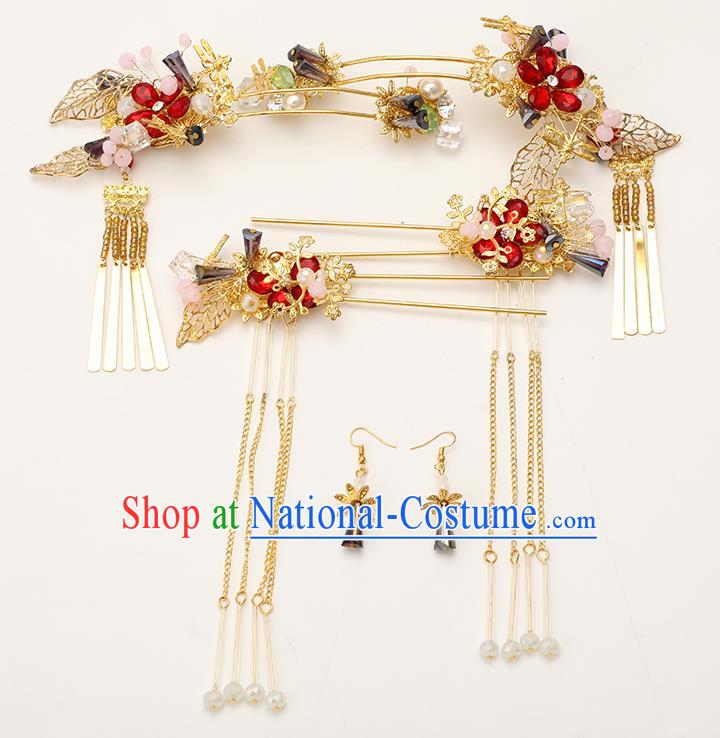 Handmade Chinese Wedding Tassel Golden Hair Clasp Hairpins Ancient Traditional Hanfu Hair Accessories for Women