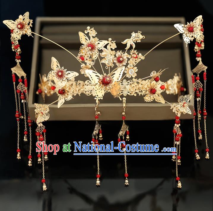 Handmade Chinese Ancient Wedding Hairpins Butterfly Phoenix Coronet Traditional Bride Hanfu Hair Accessories for Women