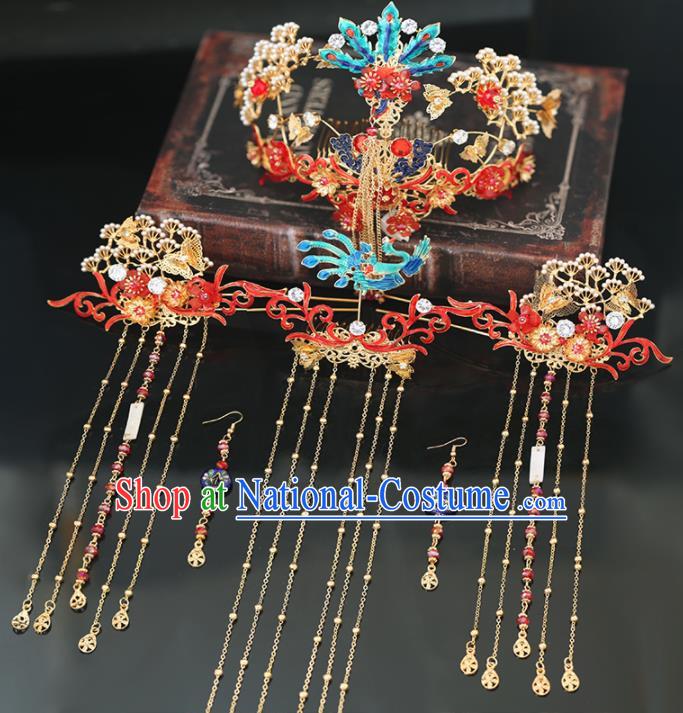 Handmade Chinese Ancient Wedding Hairpins Cloisonne Phoenix Coronet Traditional Bride Hanfu Hair Accessories for Women