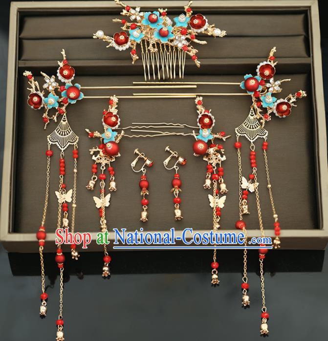 Handmade Chinese Ancient Wedding Hairpins Red Beads Hair Comb Traditional Bride Hanfu Hair Accessories for Women