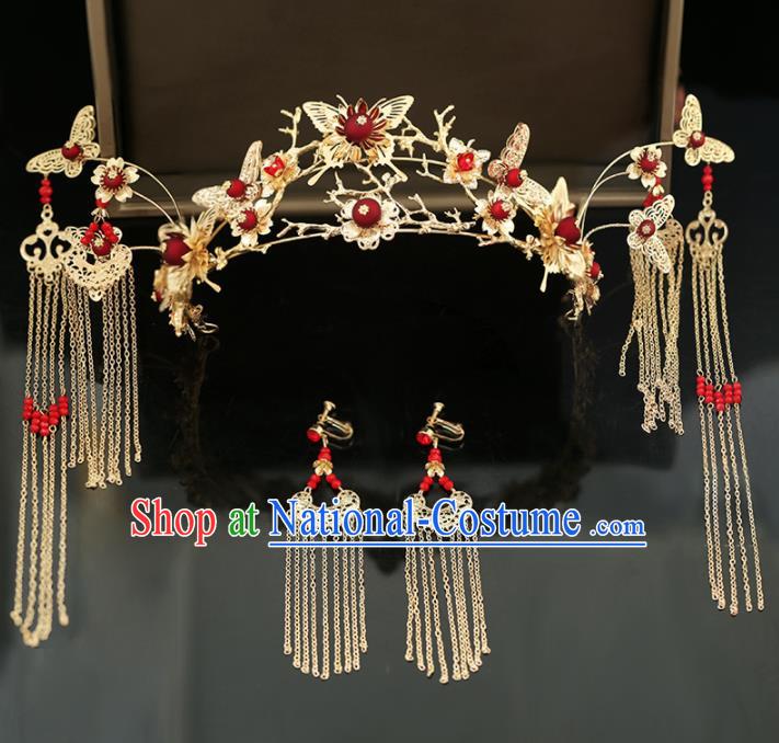 Handmade Chinese Ancient Wedding Tassel Hairpins Red Beads Phoenix Coronet Traditional Bride Hanfu Hair Accessories for Women