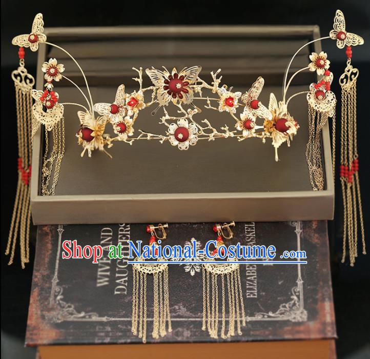 Handmade Chinese Ancient Wedding Tassel Hairpins Red Beads Phoenix Coronet Traditional Bride Hanfu Hair Accessories for Women