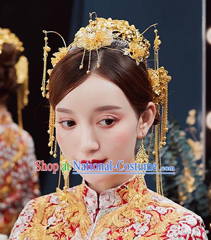 Handmade Chinese Wedding Golden Hair Crown Tassel Hairpins Ancient Traditional Hanfu Hair Accessories for Women