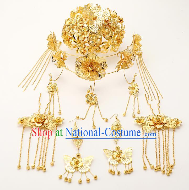 Handmade Chinese Wedding Golden Hair Crown Tassel Hairpins Ancient Traditional Hanfu Hair Accessories for Women