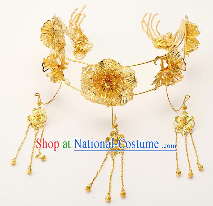 Handmade Chinese Wedding Golden Hair Crown Tassel Hairpins Ancient Traditional Hanfu Hair Accessories for Women