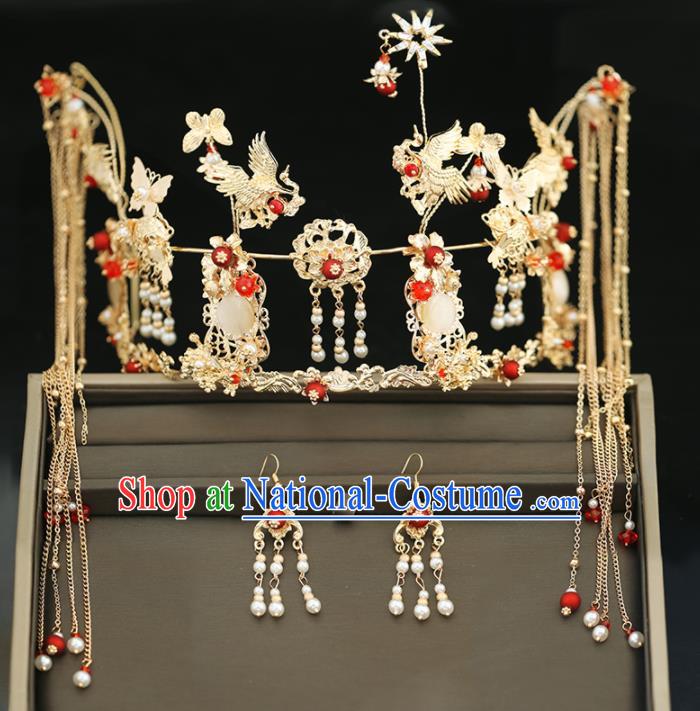 Handmade Chinese Ancient Wedding Tassel Hairpins Cranes Phoenix Coronet Traditional Bride Hanfu Hair Accessories for Women