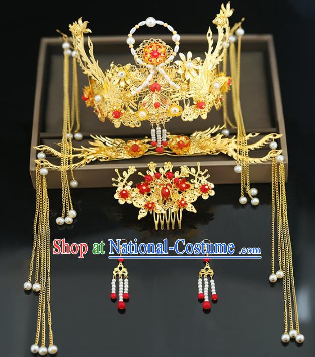 Handmade Chinese Ancient Wedding Hairpins Tassel Step Shake Pearls Phoenix Coronet Traditional Bride Hanfu Hair Accessories for Women