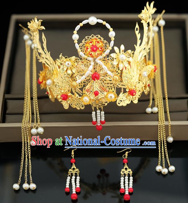 Handmade Chinese Ancient Wedding Hairpins Tassel Step Shake Pearls Phoenix Coronet Traditional Bride Hanfu Hair Accessories for Women