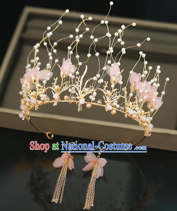 Top Grade Handmade Baroque Princess Pink Flowers Royal Crown Wedding Bride Hair Accessories for Women