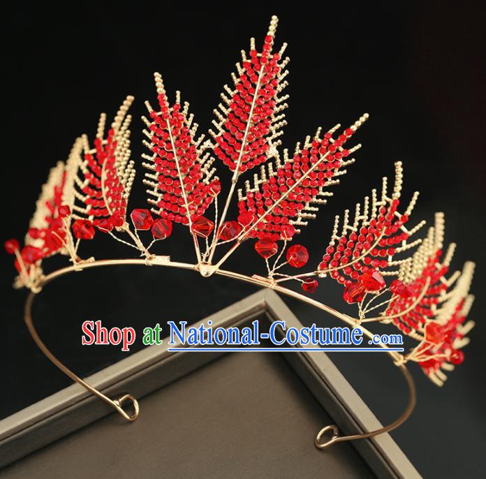 Top Grade Handmade Baroque Princess Red Crystal Leaf Royal Crown Wedding Bride Hair Accessories for Women