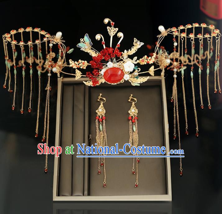 Handmade Chinese Ancient Wedding Hairpins Tassel Butterfly Phoenix Coronet Traditional Bride Hanfu Hair Accessories for Women