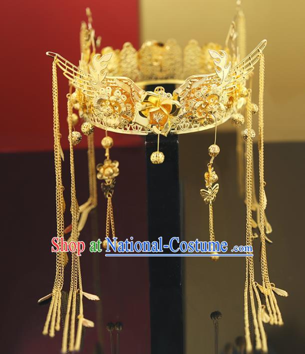 Handmade Chinese Ancient Wedding Tassel Golden Phoenix Coronet Hairpins Traditional Bride Hanfu Hair Accessories for Women