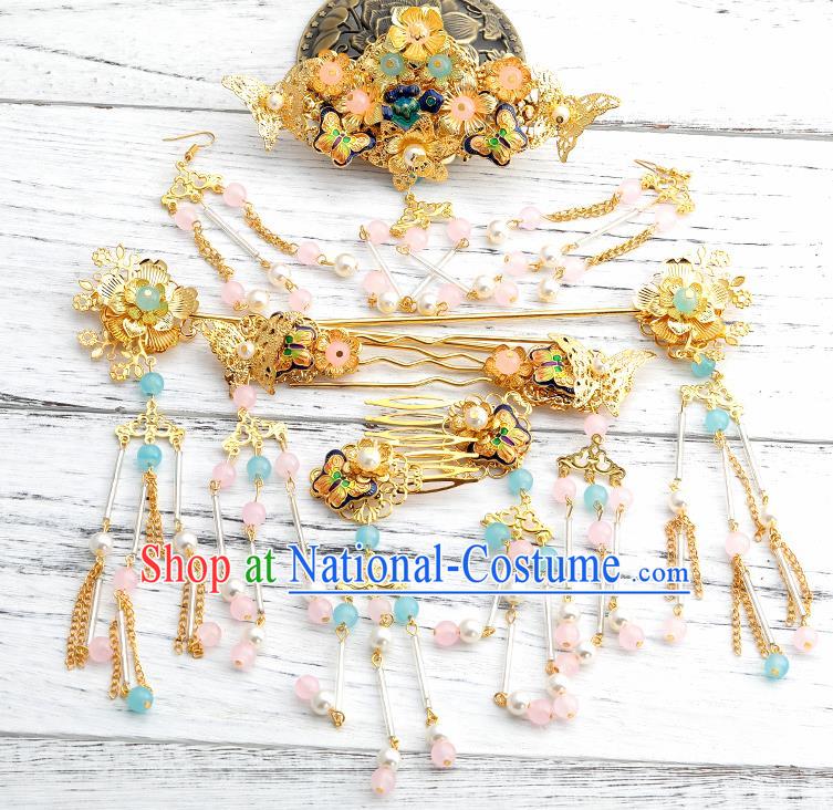 Handmade Chinese Wedding Blueing Butterfly Hair Combs Tassel Hairpins Ancient Traditional Hanfu Hair Accessories for Women