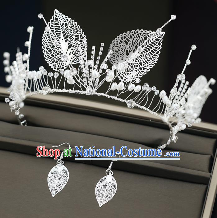 Top Grade Handmade Baroque Princess Pearls Leaf Royal Crown Wedding Bride Hair Accessories for Women