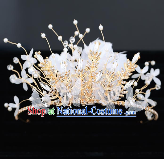 Top Grade Handmade Baroque Princess White Feather Royal Crown Wedding Bride Hair Accessories for Women