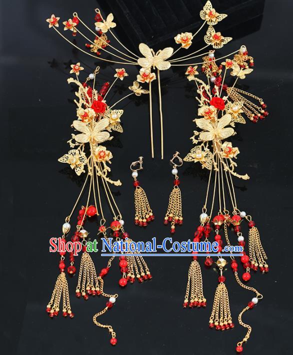 Handmade Chinese Ancient Wedding Bride Butterfly Hair Clips Tassel Hairpins Traditional Hanfu Hair Accessories for Women