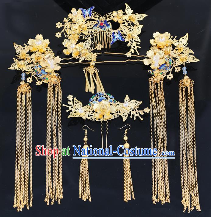 Handmade Chinese Ancient Wedding Bride Blueing Butterfly Hair Combs Tassel Hairpins Traditional Hanfu Hair Accessories for Women