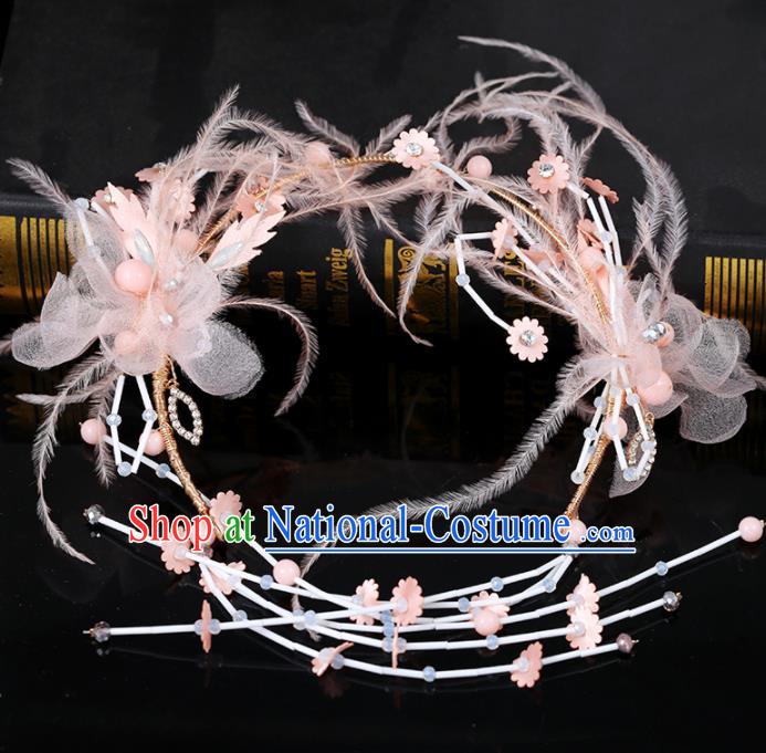 Top Grade Handmade Baroque Princess Pink Feather Hair Clasp Wedding Bride Hair Accessories for Women