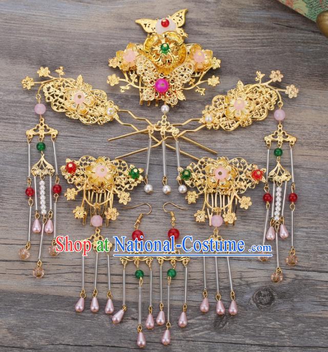 Handmade Chinese Ancient Wedding Bride Golden Hair Combs Tassel Hairpins Traditional Hanfu Hair Accessories for Women