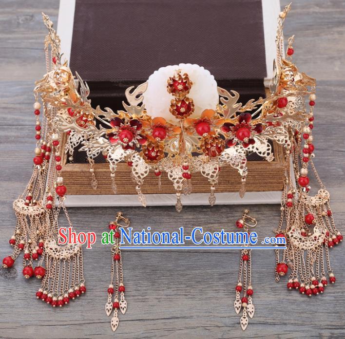 Handmade Chinese Ancient Wedding Bride Jade Phoenix Coronet Tassel Hairpins Traditional Hanfu Hair Accessories for Women