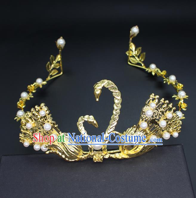 Top Grade Handmade Baroque Princess Golden Swan Royal Crown Wedding Bride Hair Accessories for Women