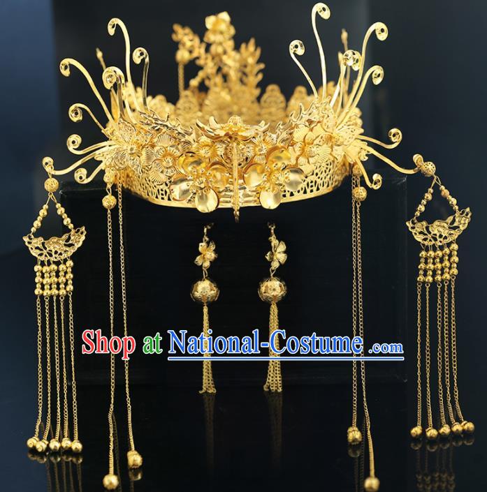 Handmade Chinese Ancient Wedding Golden Phoenix Coronet Tassel Hairpins Traditional Bride Hanfu Hair Accessories for Women